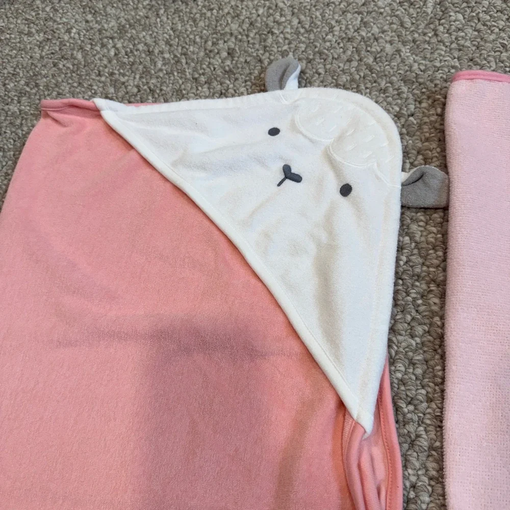 Pink Hooded Baby Bath Towel Set Lamb Animal & Love Floral 2 Pack